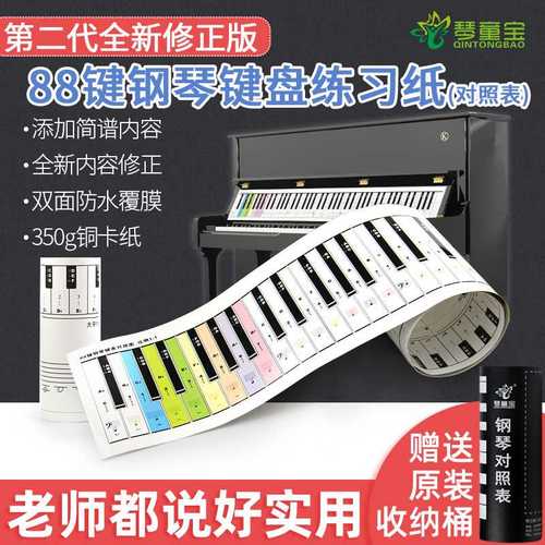 88键钢琴键盘指法练习纸琴键对照表彩色钢琴键盘纸五线谱键盘图